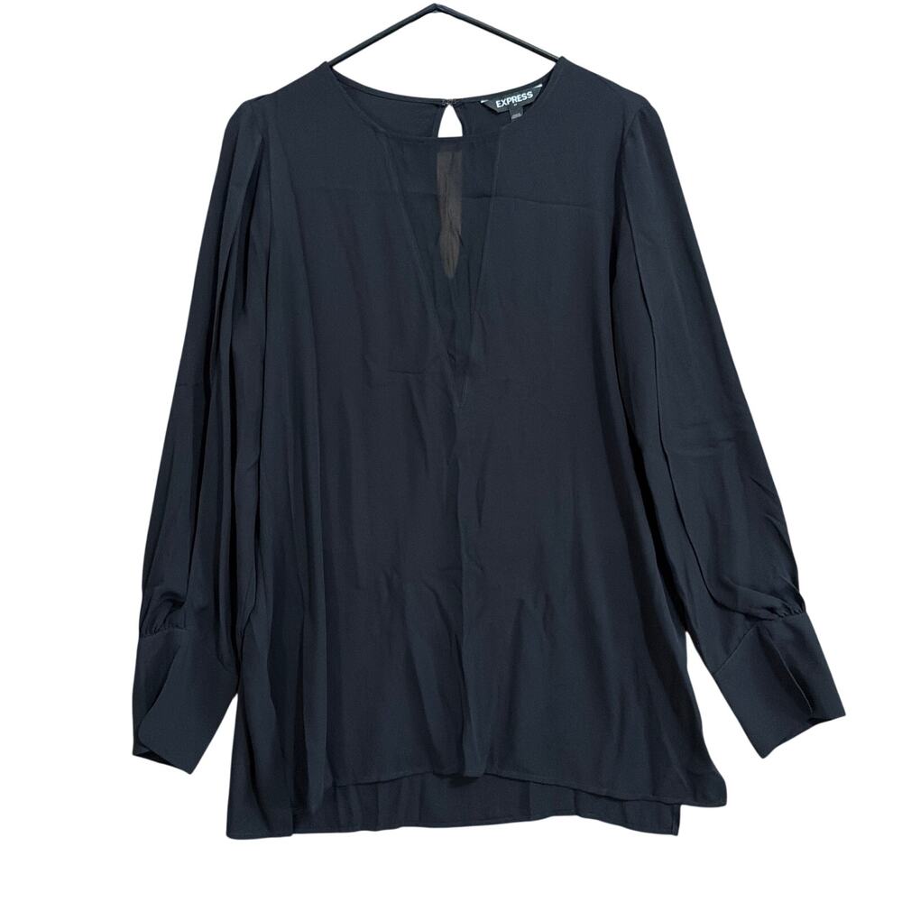 Express Womens Blouse Black Sheer V Slit Long Sleeve Crew Loose Fit Medium